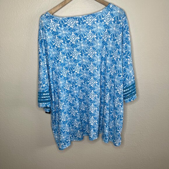 Ali Miles Womens Blue Geometric Linen Blend Eyelet Sleeve Tunic Top 3X - Picture 9 of 13